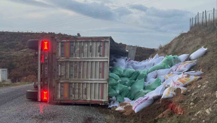 Gördes’te yem yüklü tır devrildi: 1 yaralı